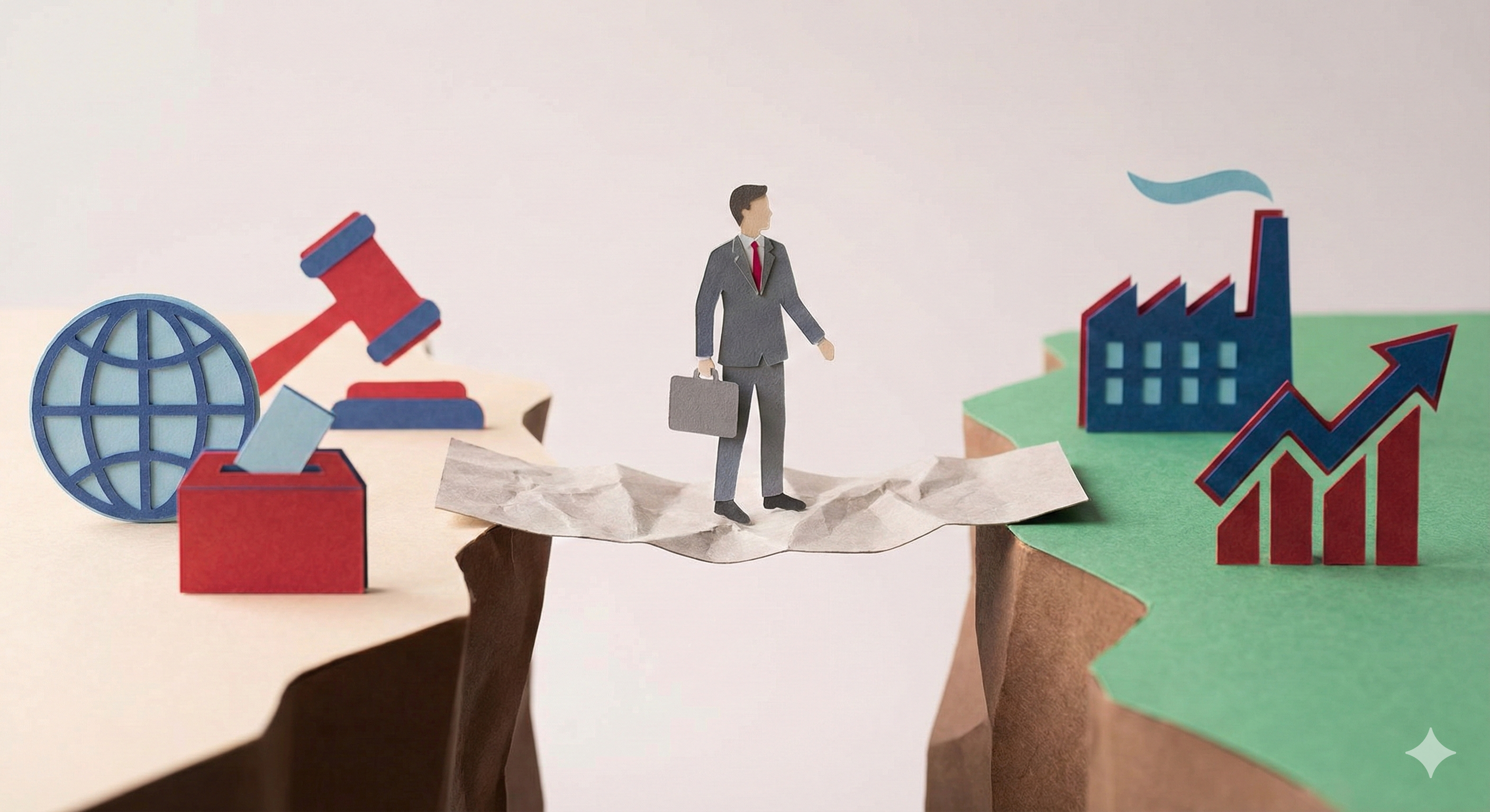 Image show man caught in the middle of politics and business decisions